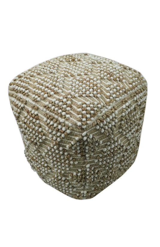 Modern Tribal Beige And White Jute And Wool Footstool, Seat, Foot Rest Living Room, Bedroom