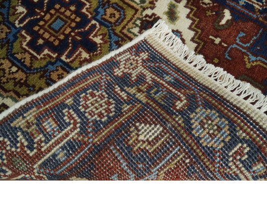 Cream, Rust and Blue Hand knotted Traditional Heriz 2.6x10 wool Area Rug