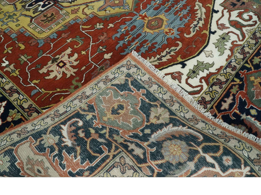 Traditional Premium look Heriz Serapi Hand knotted Blue, Rust and Ivory 8x10 ft Bedroom, Living Room Rug ,wool Area Rug