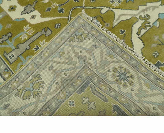 Custom Made Hand Knotted Oriental Oushak Olive, Ivory, Gray And Blue Wool Area Rug