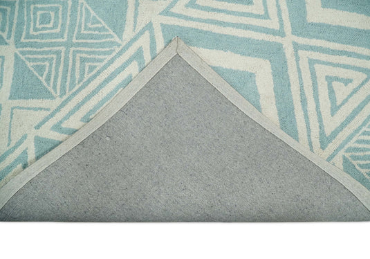 Custom Made Modern Geometrical Ivory And Sage Blue Hand Tufted Wool Area Rug