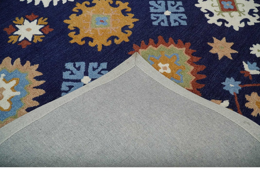 Custom Made Blue, Aqua, Maroon And Camel Hand Tufted  Wool Area Rug