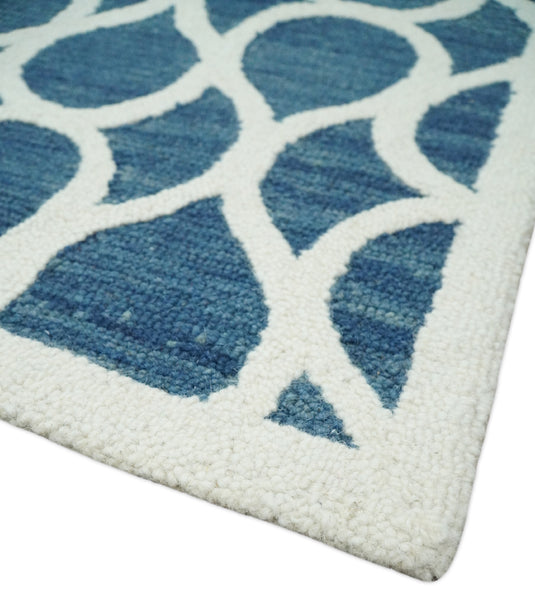 Custom Made Modern Trellis Pattern Blue And Ivory Hand Tufted Wool Area Rug