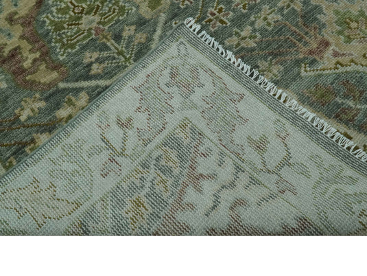 Custom Made Hand Knotted Gray And Green Traditional Oushak Wool Area Rug