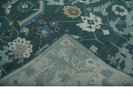 Custom Made Traditional Oushak Pattern Dark Teal, Blue And Beige Hand Knotted Wool Area Rug