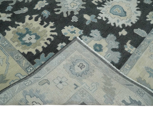 Custom Made Oriental Oushak Hand Knotted Black, Ivory And Gray Wool Area Rug