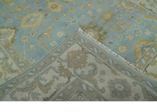 Custom Made Hand Knotted Traditional Oushak Blue, Beige, Gray And Gold Wool Area Rug