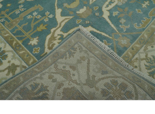 Custom Made Hand Knotted Ivory, Teal,Beige and Camel Oriental Oushak Rug Wool Area Rug