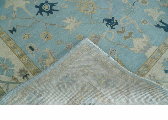 Custom Made Hand Knotted Oushak Blue, Ivory And Beige Wool Area Rug