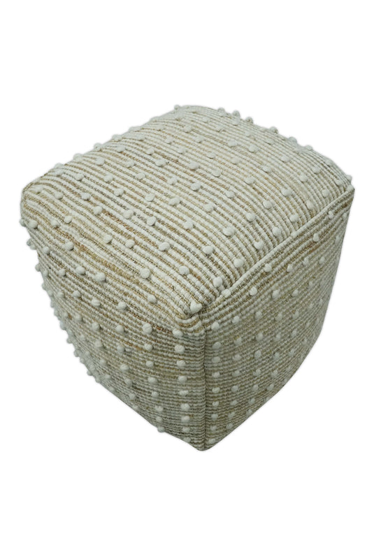 Polka Dots Light Beige And White Jute And Wool Ottoman Footstool, Seat, Foot Rest Living Room, Bedroom