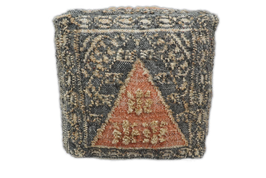 Charcoal, Orange And Beige Boho Tribal Wool And Jute Footstool, Seat, Foot Rest Living Room, Bedroom-(FC)