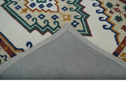 Custom Made Traditional Medallion Pattern Ivory, Green, Blue And Rust Hand Tufted  Wool Area Rug