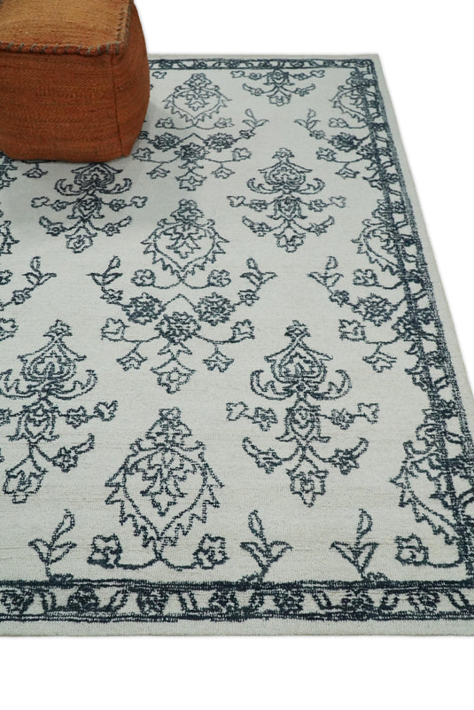 Custom Made Floral Pattern Black And White Hand Tufted Wool Area Rug