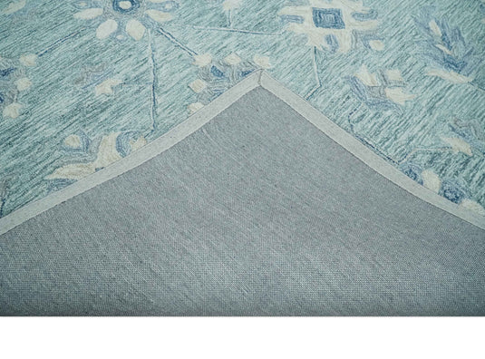 Custom Made Floral Pattern Blue, Ivory And Aqua Hand Tufted Wool Area Rug