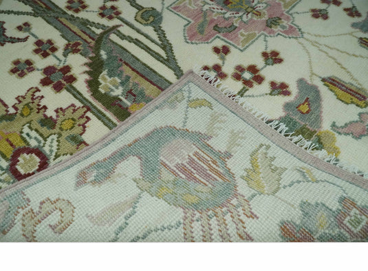 Custom Made Ivory, Maroon, Green And Peach Antique Floral Jungle Hand Knotted Wool Area Rug