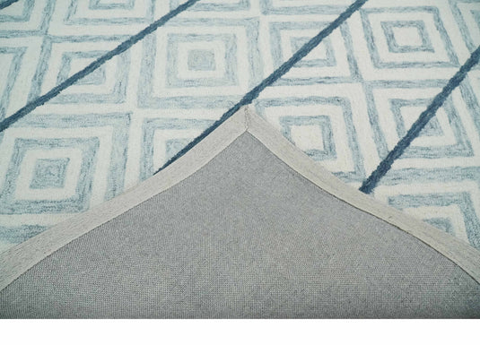 Custom Made Modern Geometrical Pattern Ivory, Gray And Blue Hand Tufted  Wool Area Rug