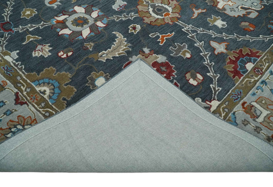 Custom Made Antique Floral Traditional Oushak Charcoal, Silver And Maroon Hand Tufted Oushak Wool Area Rug