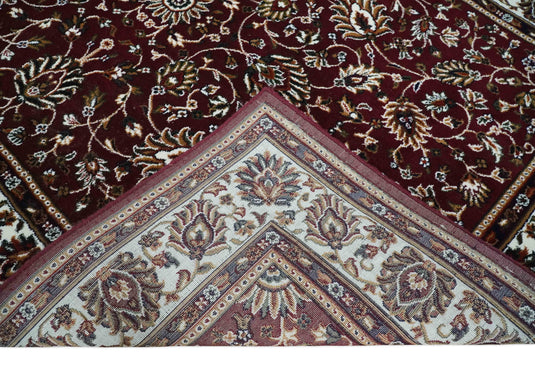 Traditional Floral Maroon, Ivory, Green And Gold Hand Woven 5x7 ft Bedroom, Living Room Rug Polyester Area Rug