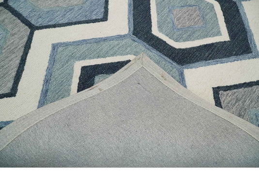 Custom Made Geometrical Honeycomb Pattern Ivory, Blue And Gray Hand Tufted  Wool Area Rug