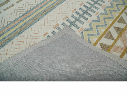 Custom Made Geometrical Pattern Ivory, Blue, Brown And Olive Hand Tufted  Wool Area Rug