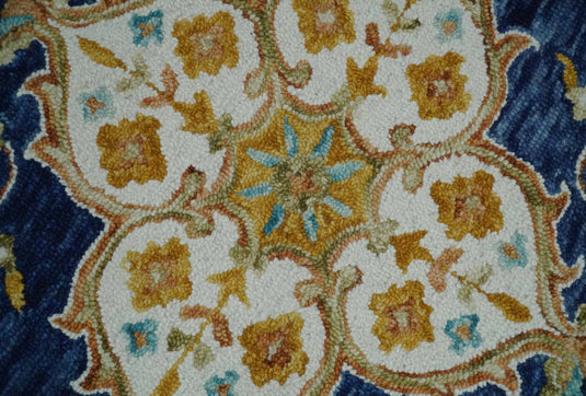 Custom Made Traditional Floral Blue, Gold, Rust, Ivory And Beige Hand Tufted  Wool Area Rug