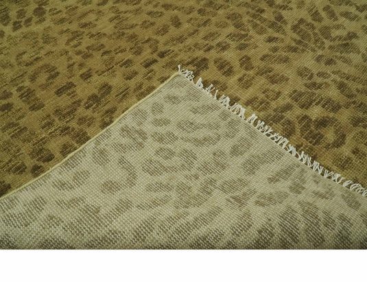 Custom Made Hand Knotted Olive Green And Khaki Leopard Print Design Wool Area Rug