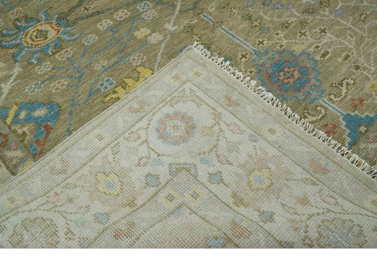 Custom Made Hand Knotted Olive, Blue And Yellow Traditional Floral Wool Area Rug