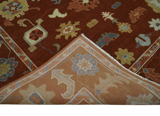 Custom Made Hand Knotted Oriental Oushak Maroon, Beige, Ivory And Blue Wool Area Rug