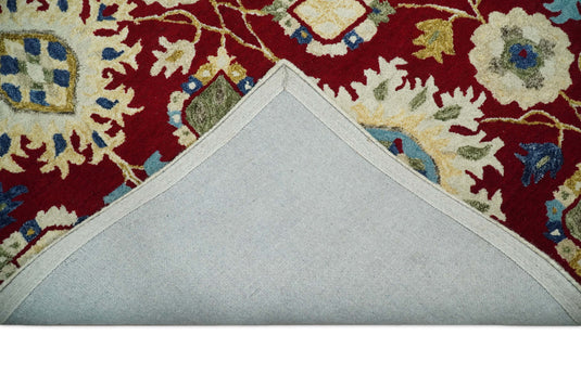 Custom Made Traditional Red, ivory And Blue Floral Hand Tufted Wool Area Rug