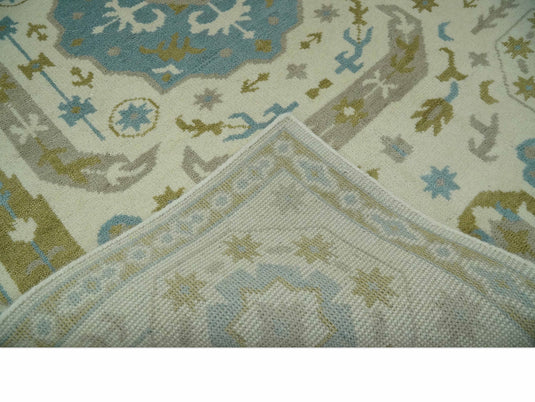 Custom Made Ivory, Blue, Gray And Olive Traditional Medallion Mamluk Hand Knotted Wool Area Rug