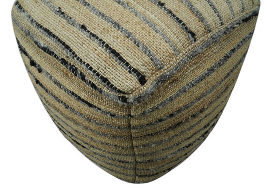 Charcoal And Beige Strip Wool And Jute Footstool, Seat, Foot Rest Living Room, Bedroom