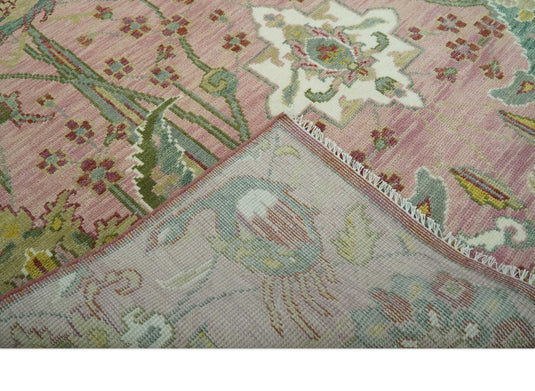 Peach, Green, Olive And Beige Antique Floral Jungle Hand Knotted 8x10 ft Wool Rug, Living Room Rug