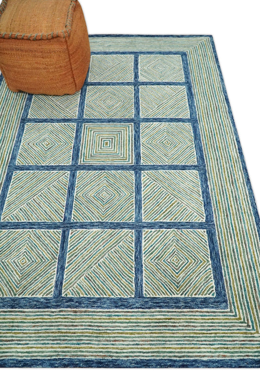 Custom Made Checkerboard Blue, Olive, Gray And Teal Hand Tufted Wool Area Rug