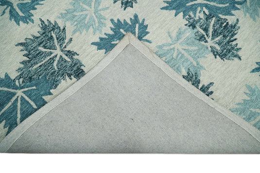 Custom Made Leaves Pattern Teal And Ivory Hand Tufted Wool Area Rug