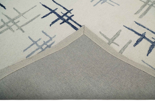 Custom Made Modern Crosses Pattern Ivory, Blue And Gray Hand Tufted  Wool Area Rug