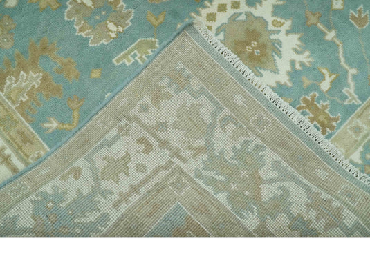 Custom Made Hand Knotted Blue, Green And ivory Oushak Rug Wool Area Rug