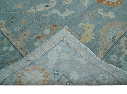 Custom Made Antique Floral Oushak Hand Knotted Gray, Beige, Blue And Rust Wool Area Rug