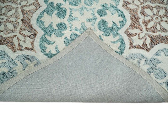 Custom Made Floral Pattern Blue, Rust, Aqua And ivory Hand Tufted Wool Area Rug