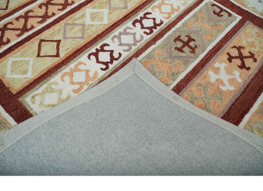 Custom Made Geometrical Maroon, Ivory, Beige And Light peach Hand Tufted  Wool Area Rug