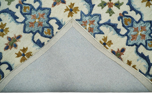 Custom Made Moroccan Trellis Ivory, Blue And Brown Hand Tufted Wool Area Rug