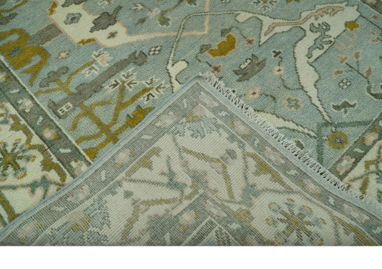 Custom Made Hand Knotted Oriental Oushak Aqua, Olive, Gray And Ivory Wool Area Rug