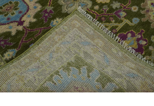 Custom Made Hand Knotted Green, Blue And Purple Herati Wool Area Rug