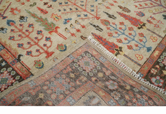 Custom Made Traditional Light Beige, Brown, Olive And Rust Tree Of Life Hand Knotted Oushak Wool Area Rug