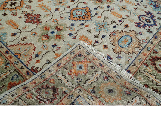 Custom Made Turkish Ivory and Green Colorful Traditional Hand Knotted Oushak Wool Area Rug