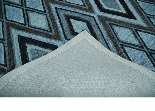 Custom Made Blue, Charcoal And Black Geometrical Harlequin Pattern Hand Tufted Wool Area Rug