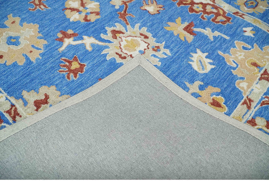 Custom Made Traditional Floral Blue, Camel And Maroon Hand Tufted  Wool Area Rug