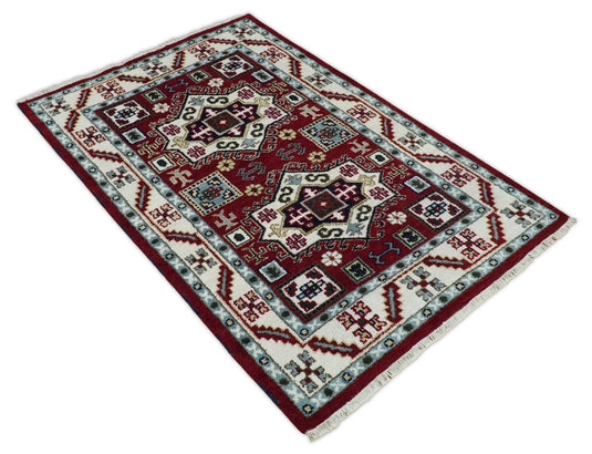 Available in USA Hand-Knotted Rust and Ivory Tribal Armenian Bedroom, Living Room Rug, kids Room Wool Area Rug -KZA10- (FC)