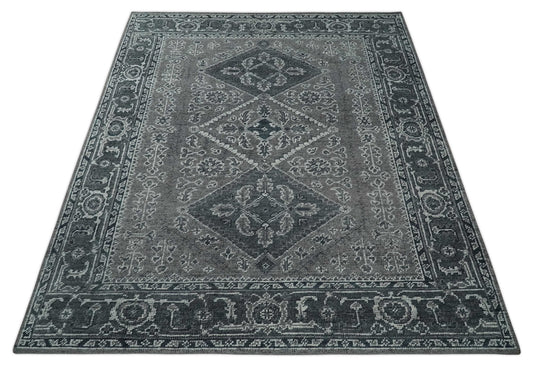 Traditional Antique Pattern Gray And Charcoal Hand Knotted 8x10 ft Bedroom, Living Room Rug Wool Area Rug