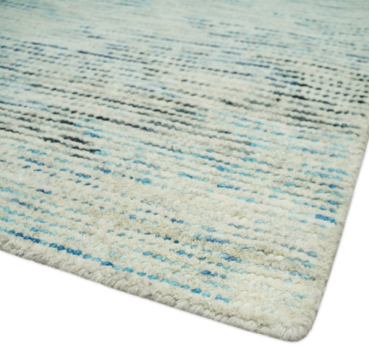 Custom Made Abstract Ivory, Blue, Charcoal And Beige Hand Tufted Wool Area Rug