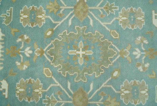 Custom Made Hand Knotted Blue, Green And ivory Oushak Rug Wool Area Rug